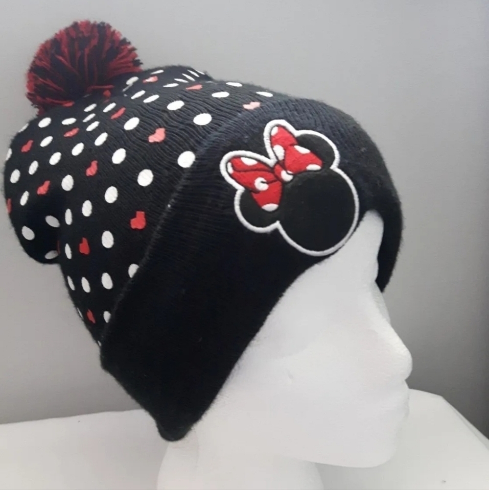 DISNEY MINNIE MOUSE toque HAT with pom pom polka dot hearts one size New